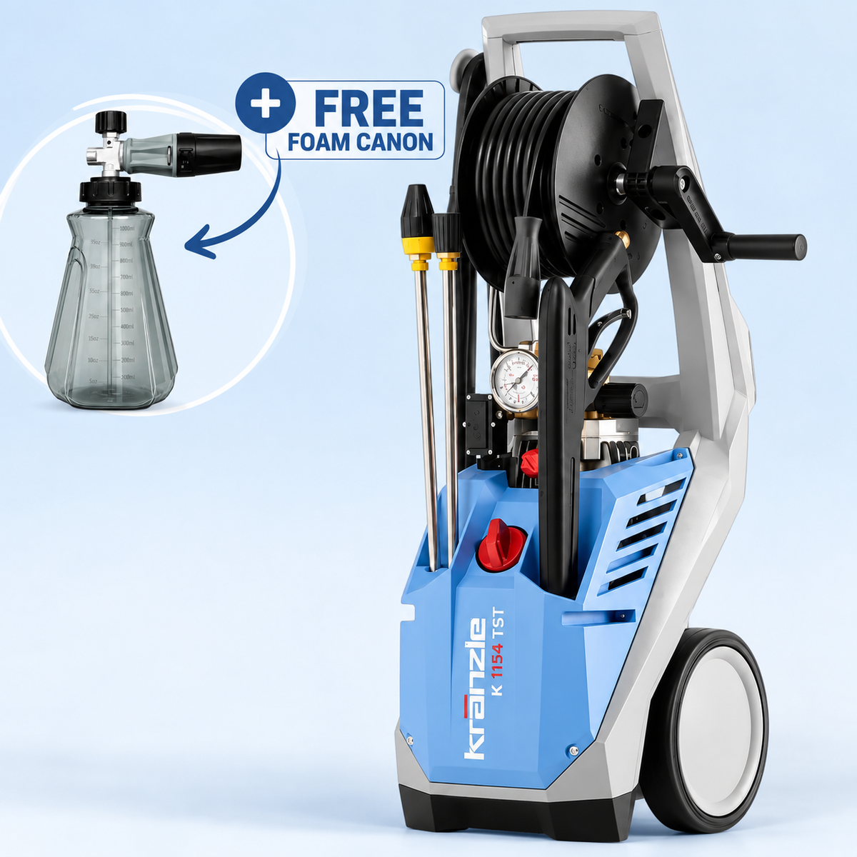 Kränzle K 1154 TST Hogedrukreiniger Set – 10 L/min, 140 bar, 15 m op haspel – incl. gratis FoamBlast Foam Cannon met D12 koppeling